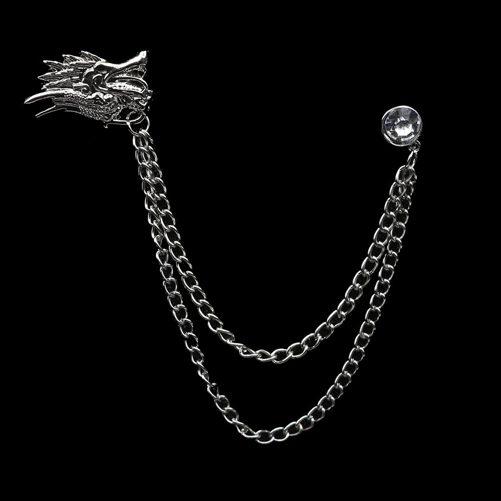 Tassel Chain Men Suit Shirt Collar Lapel Pin Brooch Dragon Badge Retro Pins Wedding Dress Party Dance Neckware Accessories.