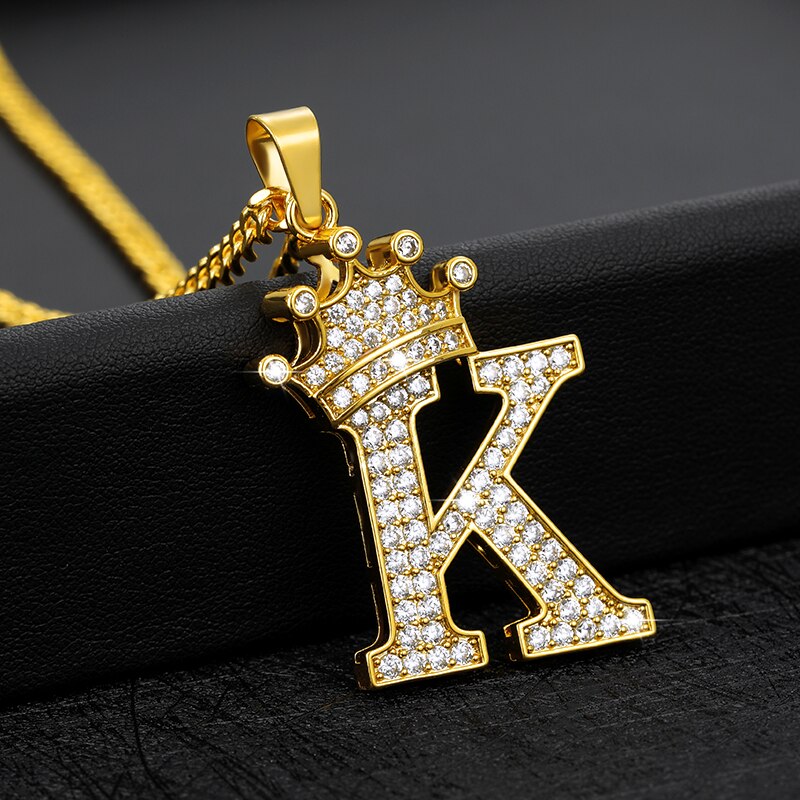 Crystal Zircon Alphabet Pendant Necklaces For Women Men Crown Initial Letter Necklace Hip Hop Chain Jewelry Collier Bijoux