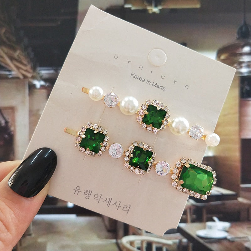 Women Hair Clips Set Jewelry Fashion Green Crystal Hair Accessories Luxury Simulation Pearl Barrette Pin For Girl Gift Ornaments