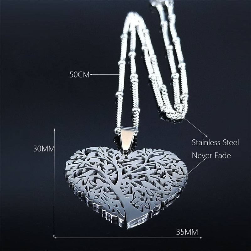 Fashion Heart Tree of Life Stainless Steel Statement Necklace for Women Silver Color Necklaces Jewelry collares  N4205S01