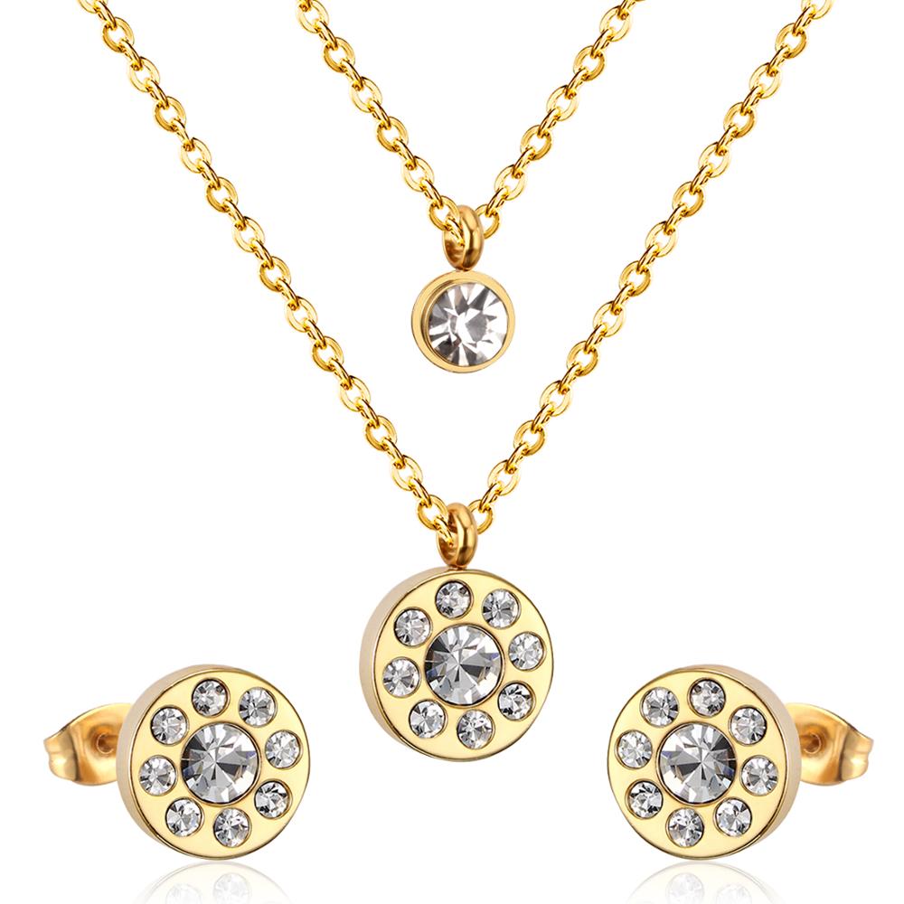 Stainless Steel Crystal Jewelry Set for Women and Girls: Luxury Double Round Pendant Necklace and Earrings.