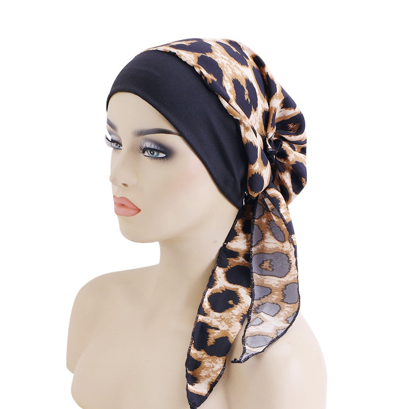 Women Printed Pre-tie Headscarf Elastic Muslim Female Turban Cancer Chemo Hat Hair Loss Cover Head Wrap Headwear Stretch Bandana