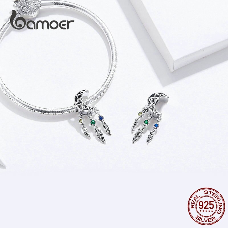 BAMOER 100% 925 Sterling Silver Openwork Moon and Star Goodnight Charm Beads fit Bracelet DIY Jewelry Valentine Day Gift SCC483