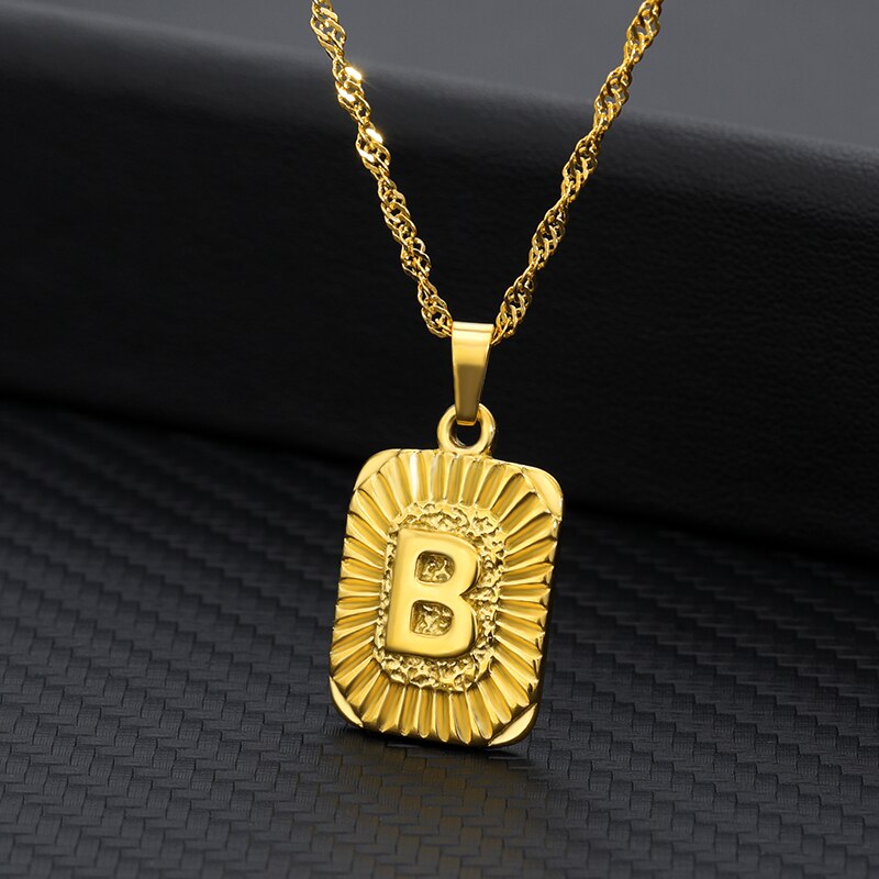 Initial Plate Necklaces For Women Stainless Steel Plate Necklace Letter Square Charm Water-Wave Chain Boho Jewelry Gift Bff