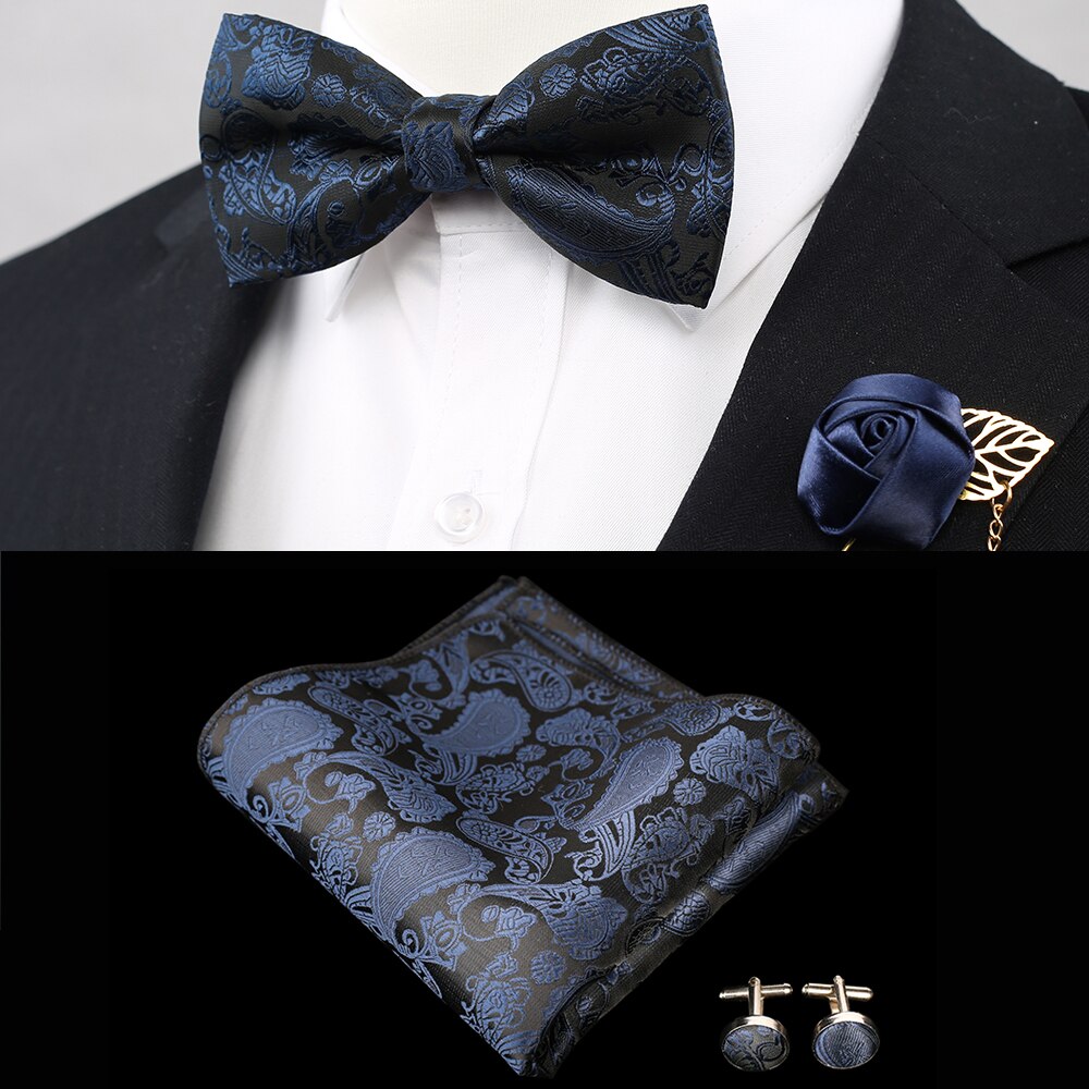 New Silk Flower Business Bowtie Men Vintage Purple Red Black Gold Royal Blue Wedding Bow Ties Pocket Square Handkerchief Set