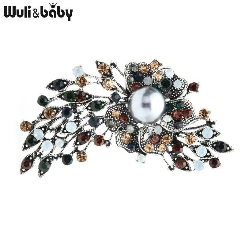 Wuli&amp;baby Multicolor Rhinestone Flower Brooches Women New Alloy 4-color Vintage Luxury Flower Weddings Banquet Brooch Pins Gifts