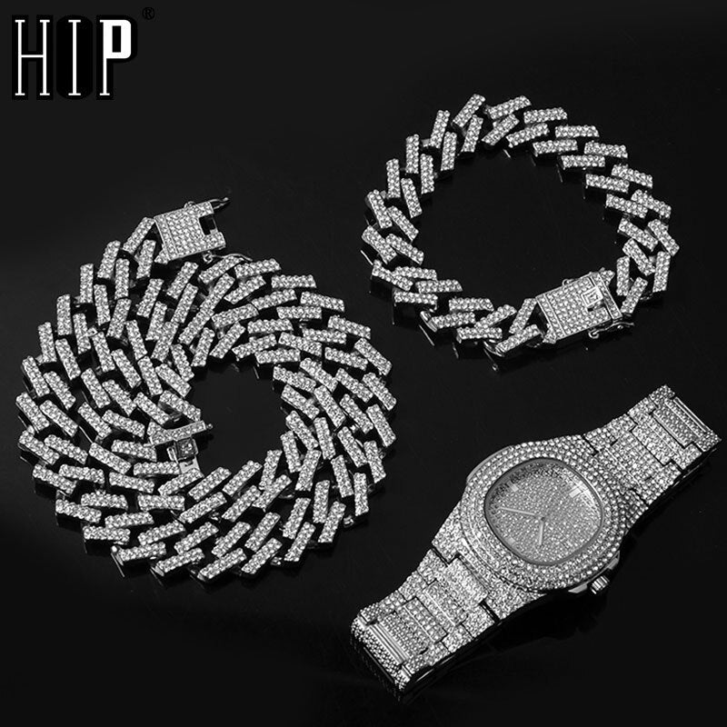 Hip Hop 15MM Necklace +Watch+Bracelet Bling Iced Out Miami Zircon Cuban Pave Rhinestone Men Bracelet Necklace For Men Jewelry