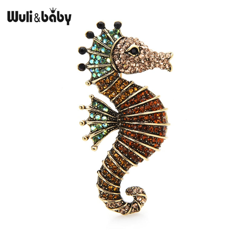 Wuli&amp;baby Sparkling Rhinestone Seahorse Brooches 3-color Sea Animal Office Casual Brooch Pins Gifts