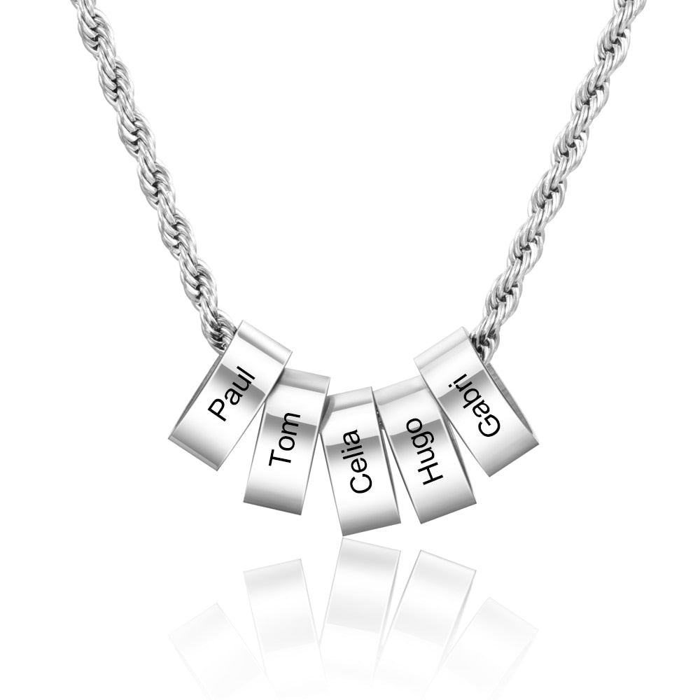 Men's Necklace Customized Stainless Steel Beads Charm Necklace Pendants Father's Day/Men Gift with Names Engraving.