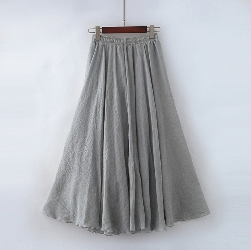 High Quality Cotton Linen Maxi Skirt Womens Casual Elastic High Waist Pleated A-Line Beach Skirts Boho Saia Feminina Faldas Jupe