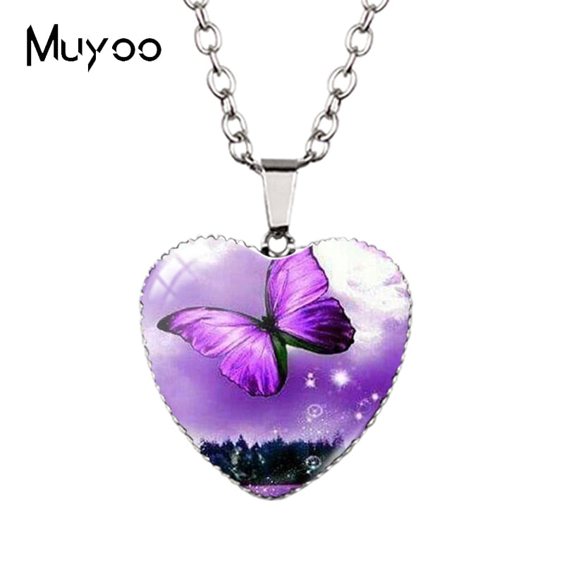 New Arrival Purple Blue Colorful Butterflies with Flower Heart Handcraft Jewelry Pendants Magical Butterfly Heart Necklace HZ3