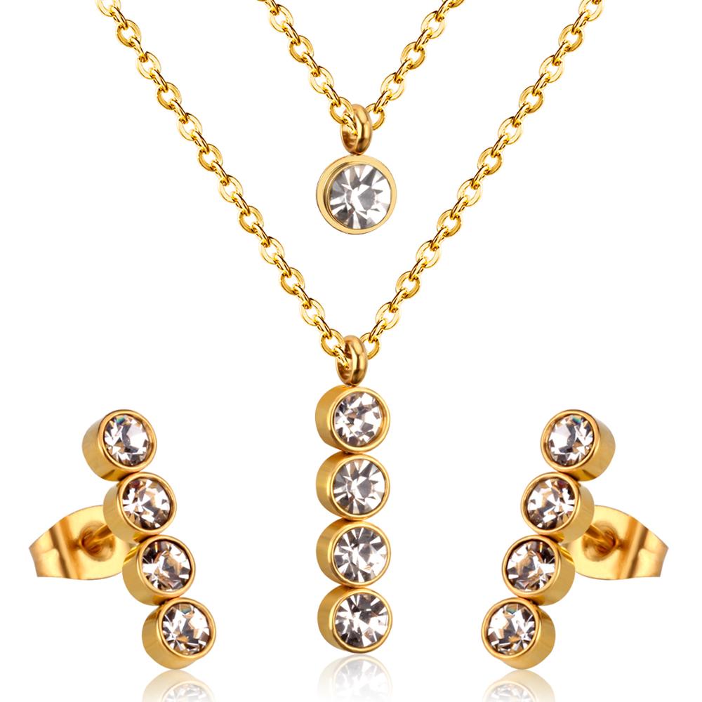 Stainless Steel Crystal Jewelry Set for Women and Girls: Luxury Double Round Pendant Necklace and Earrings.
