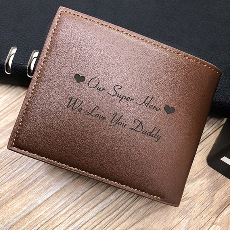 Ultra-Thin Trifold Leather Wallet for Men: Customizable with Engraved Photos, Name, Initials or quote. Fashionable and Compact, Ideal as a Personalized Gift