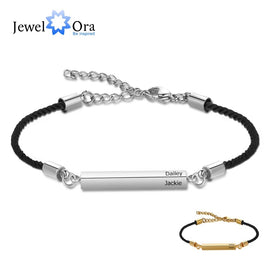 Customized Engraved 2 Names Bar Bracelets for Men Women Personalized Stainless Steel Adjustable Rope Bracelet Fashion Jewelry