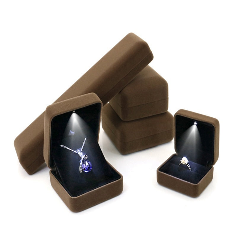 Flannel LED Light Jewelry Box for Lover Gift Wedding Velvet Ring Pendant Earring Display Storage Jewellery Boxes and Packaging