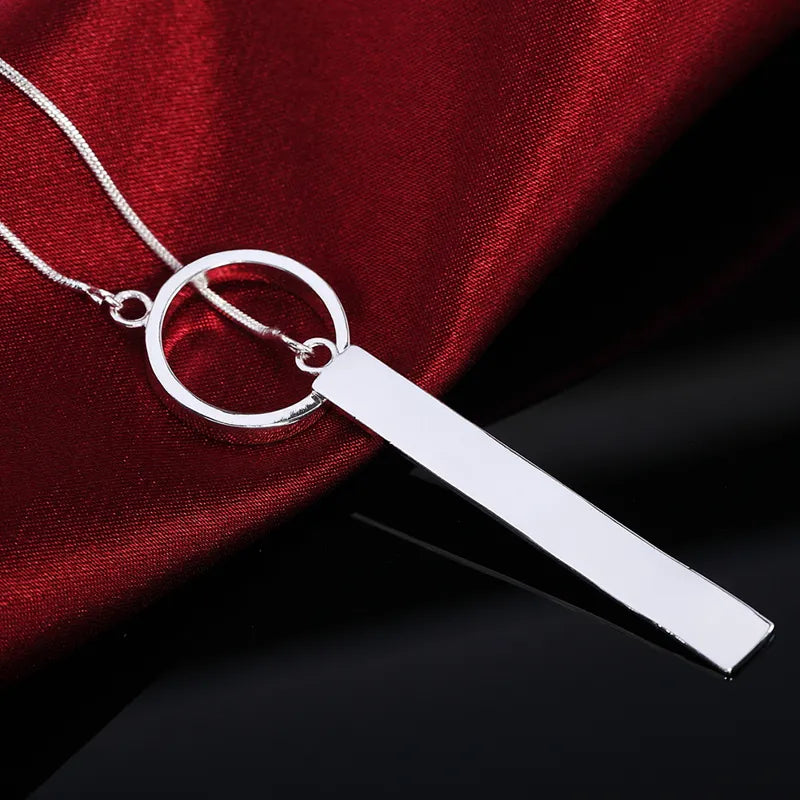 925 Silver Long Circle Bar Pendants Necklace Chains For Women Valentine&#39;s Gift Fashion Jewelry