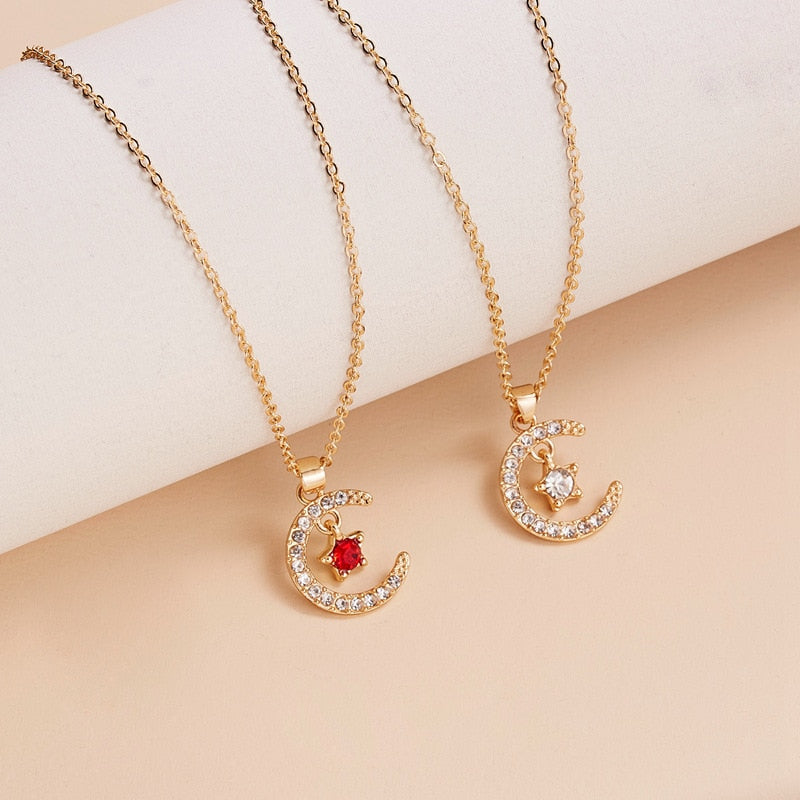 Moon Star Crystal Birthstone Pendant Necklace For Women Choker Mom Birthday Jewelry Gift Gold Color Clavicle Chain Wish Card.