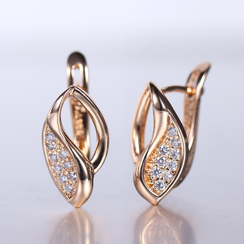 Leaf Shaped Stud Earring 585 White Rose Gold Color Geometric Cut Out Leaf Clear Cubic Zircon Drop Earrings for Women Girl GE291