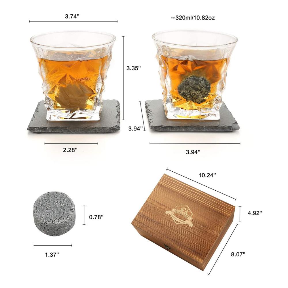 Whiskey Stones Gift Set - Whiskey Glass Set of 2 - Granite Chilling Whiskey Rocks - Scotch Bourbon Whiskey Glass Gift Box Set