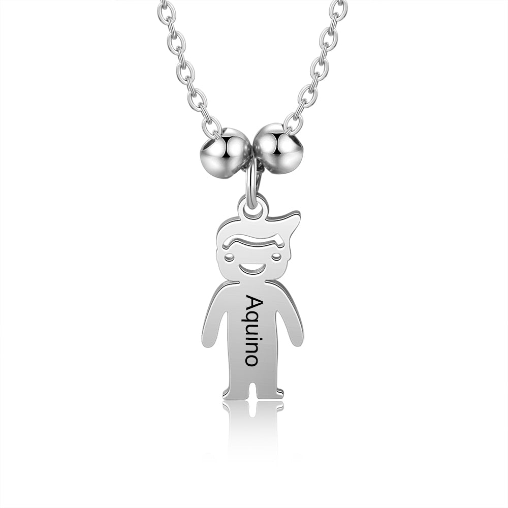 JewelOra Personalized Engraved Name Necklace with Boy Girl Charms Customized Name Stainless Steel Children Pendant for Women