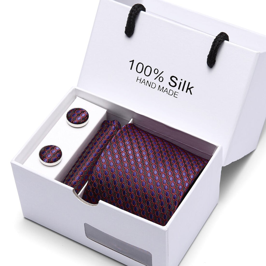 Joy alice New Men's Tie Hanky Cufflinks Set With Gift Box Red polka dot Fashion Ties For Men Wedding Business Party Groom SB43