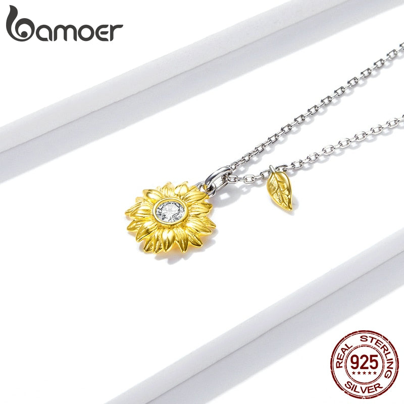 bamoer Silver Sunflower Necklace 925 Sterling Silver Gold Color Lucky Necklace Gift for Women Fashion Necklace Jewelry  BSN212