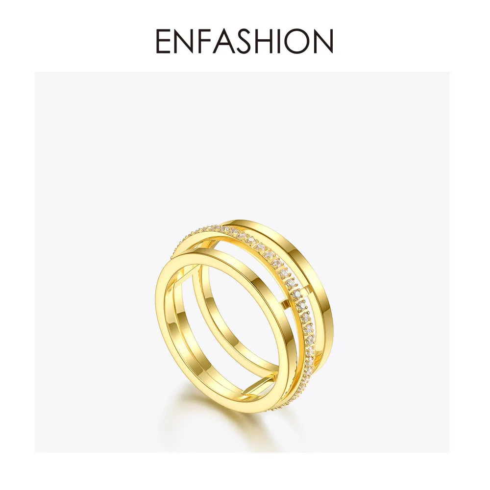 ENFASHION Crystal Geometric Hollow Rings For Women Gold Color Stainless Steel Movable Circle Ring Fashion Jewelry Gifts R194023