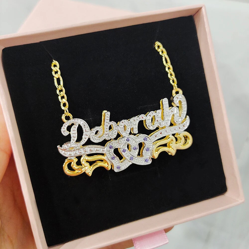 DODOAI Custom Necklace Double Gold plated Nameplate 3D Necklace Personalized Necklaces Choker Diamond Birthstone Necklace