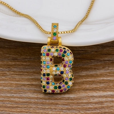 Nidin Luxury A-Z 26 Letters Zircon Pendant for Women Cute Rainbow Initials Name Necklace Fashion Party Wedding Birthday Jewelry