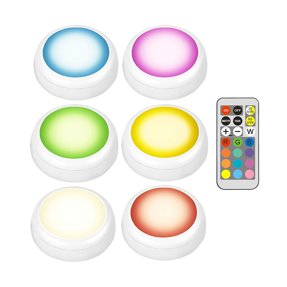 AIBOO LED Cabinet battery RGB Color Puck Lights Dimmable Under Shelf Kitchen  Counter Lighting remote controller night light