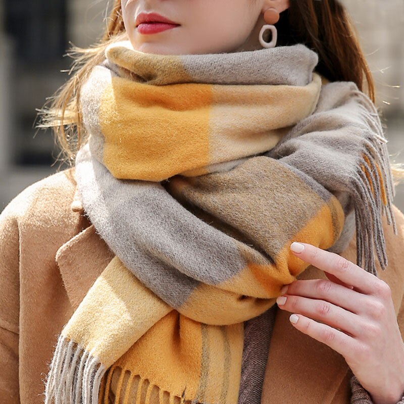 Winter 100% Wool Scarf for Women Neck Warmer Cashmere Shawls and Wraps Echarpe Pashmina Ladies Plaid Wool Scarves Foulard Femme