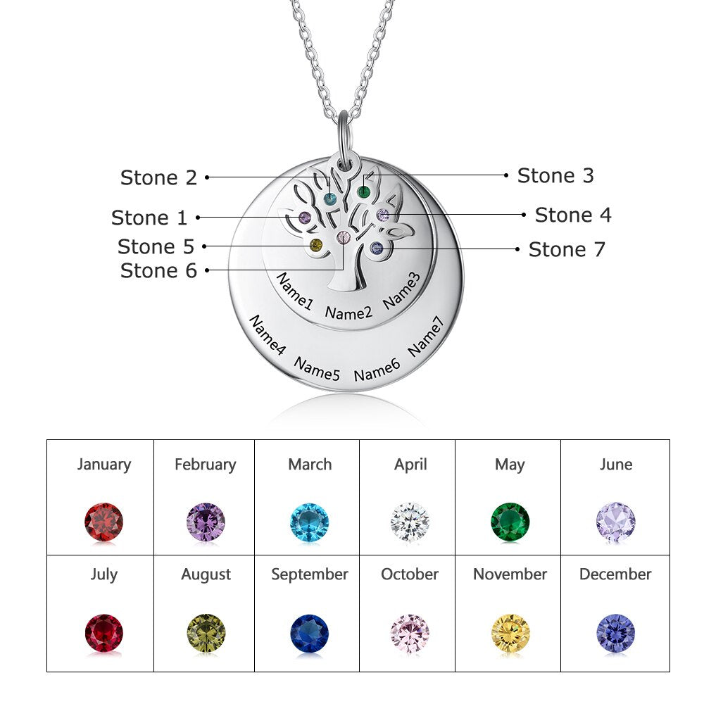 Personalized Family Name Engraved Necklaces for Women Tree of Life Stainless Steel Pendant Necklace with 7 Birthstones Jewelry
