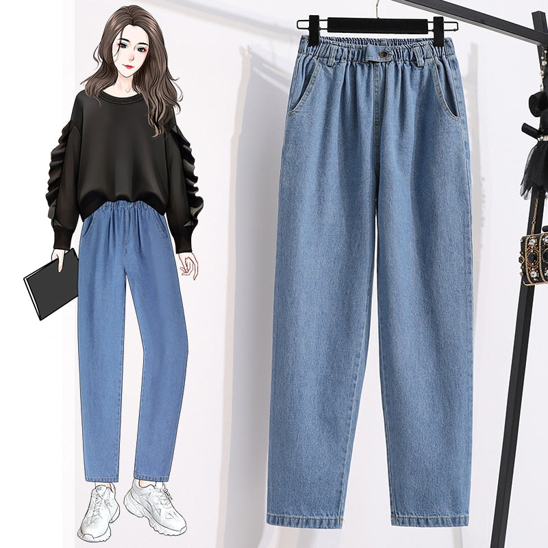 DIMANAF Women Clothing Jeans Long Pants High Waist Loose Cotton Denim Female Fashion Lady Elastic Waist Basic Blue Trousers