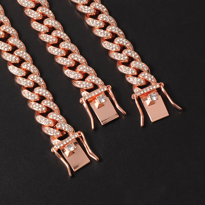 D&amp;Z Hip Hop 13mm Rose Gold Cuban Link Chain For Men Iced Out Bling Rhinestone Chaine Homme Fashion Jewelry Wholesale