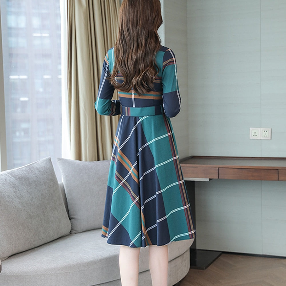 Stinlicher Women Dress Long Sleeve Office Stripe Dress Women Plaid Shirt Dresses Belt Spring Autumn Clothes