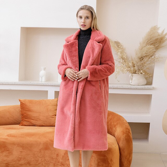 2022 New Women Winter Warm Faux Fur Coat Thick Women Long Coat Turn Down Collar Women Warm Coat Casaco Feminino