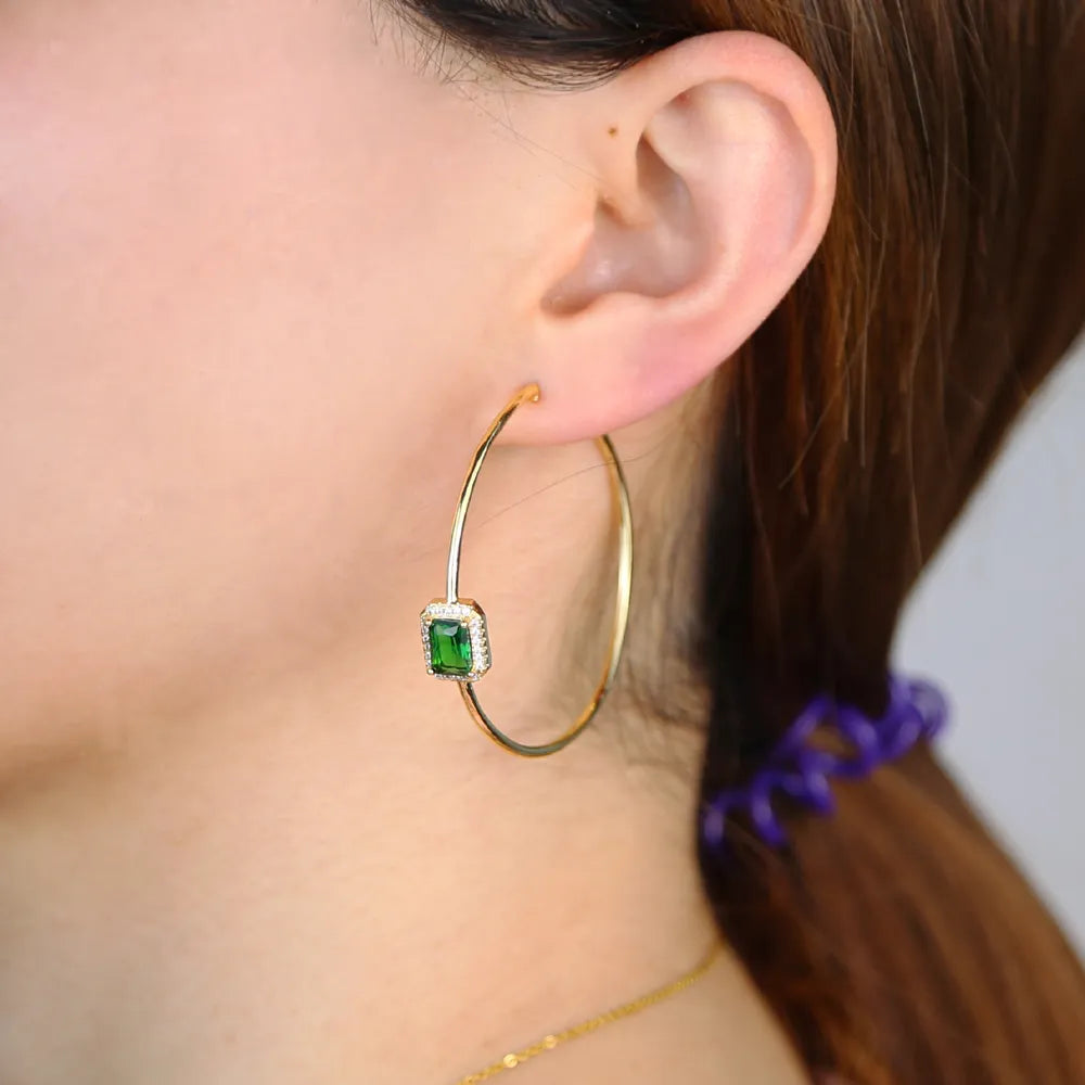 Gold color green rectangle cz hoop earring big round circle hoop trendy fashion women jewelry