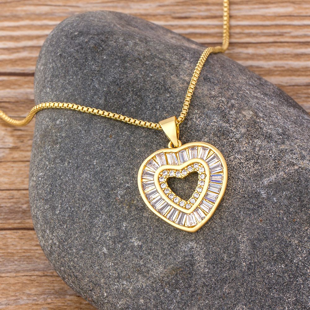 Nidin High Quality Romantic Heart Shape Pandant Necklace Copper Zirconia CZ Stone Necklace Long Chain Jewelry For Women Couples