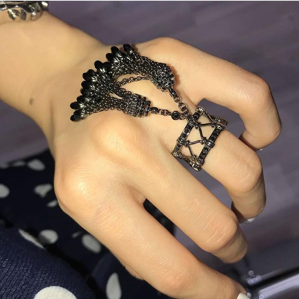 925 Sterling Silver Rings for Women with Double Tassel Rings with Crystal droplets White and Black Color Luxury Jewelry