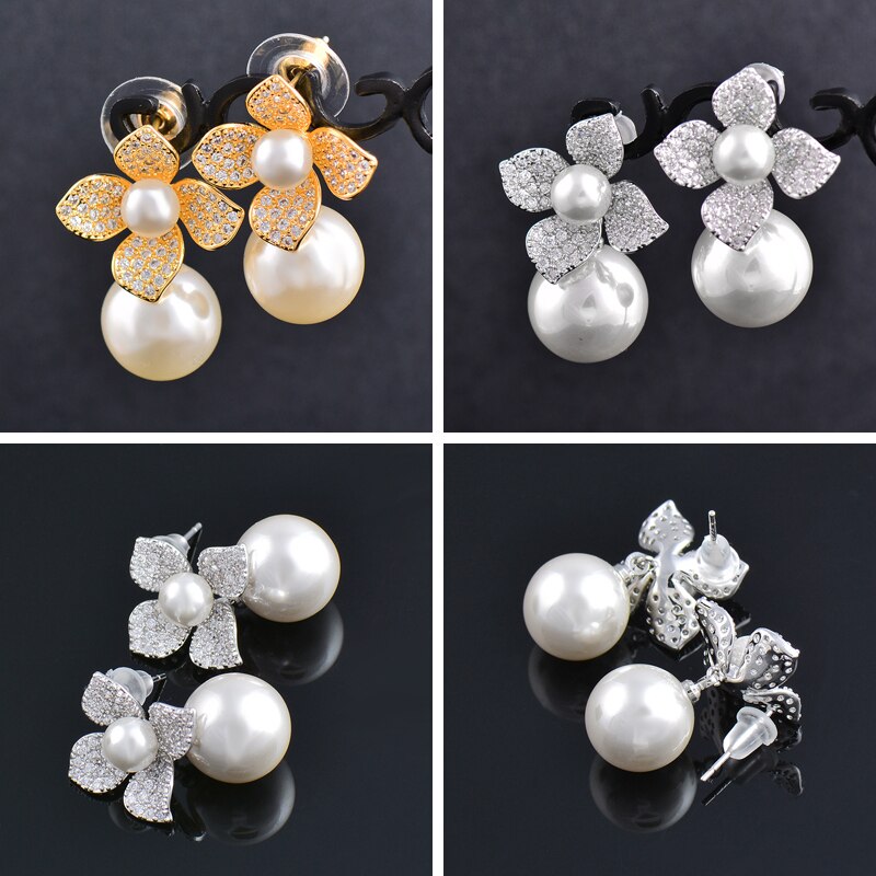 SINLEERY Vintage Double Pearl Crystal Flower Stud Earrings Gray Champagne Pearl Earring Bridal Wedding Party Jewelry ZD1 SSF