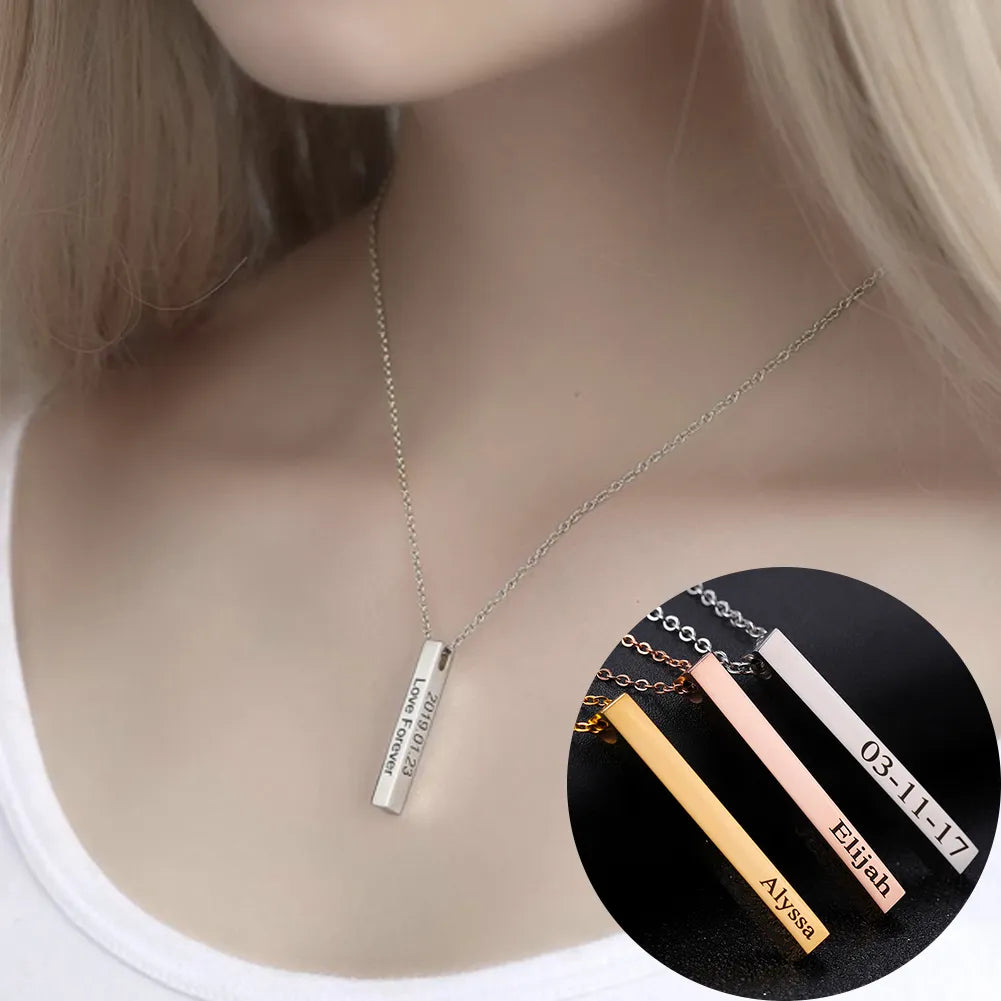 Personalized 3D Bar Necklaces For Women Custom Name Pendant Necklace Stainless Steel Engraving Men Jewelry Family Gifts