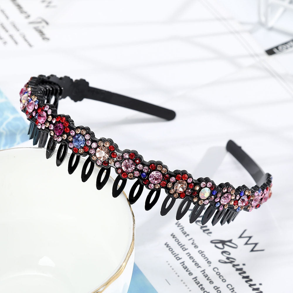 AWAYTR Hairbands Non-slip Bezel Colorful Rhinestone Flower Water Ripple Hair Hoop Headband for Women Hair Band Hair Accessories