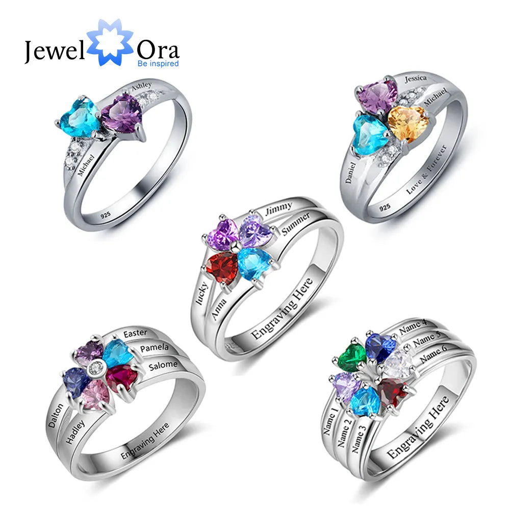 925 Sterling Silver Personalize Mothers Day Ring with 2-8 Birthstone Custom Kids Name Engagement Promise Rings for Women Grandma