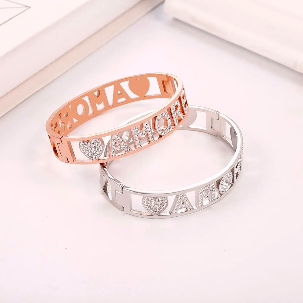 Gold Silvery Stainless Steel Jewelry Women Wide Bangles White Crystal Heart Letters Roman Thick Cuff Bracelets Gift 2021 New