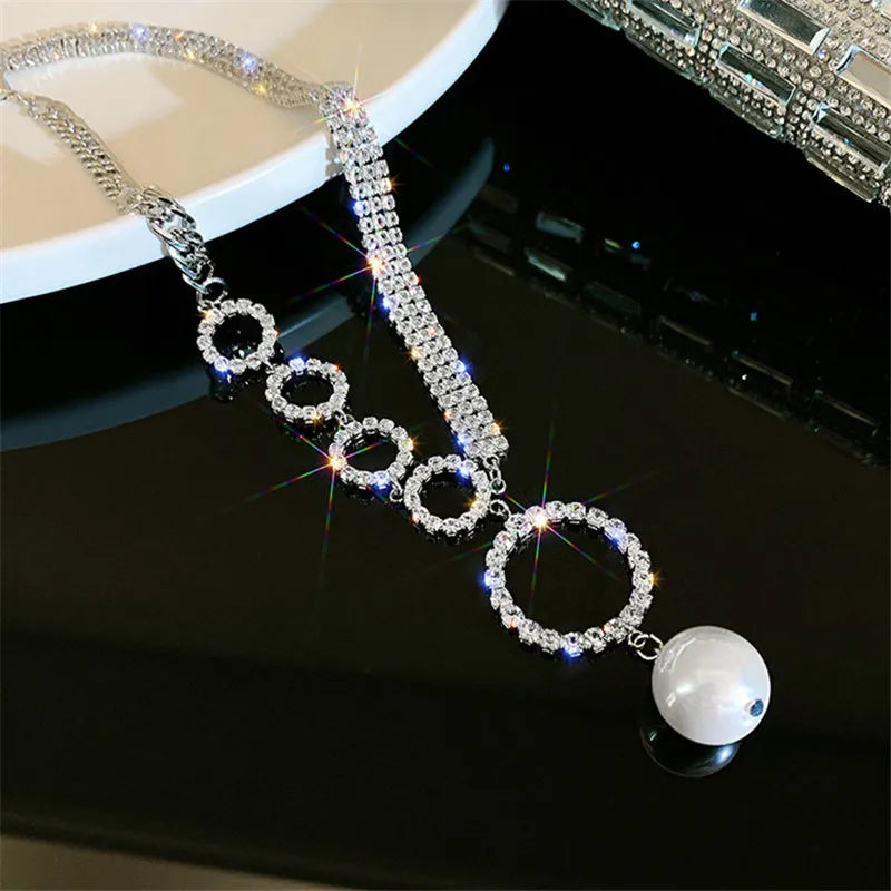 FYUAN Geometric Circle Rhinestone Choker Necklaces for Women Clavicle Chain Pearl Pendant Necklaces Weddings Jewelry Party Gifts