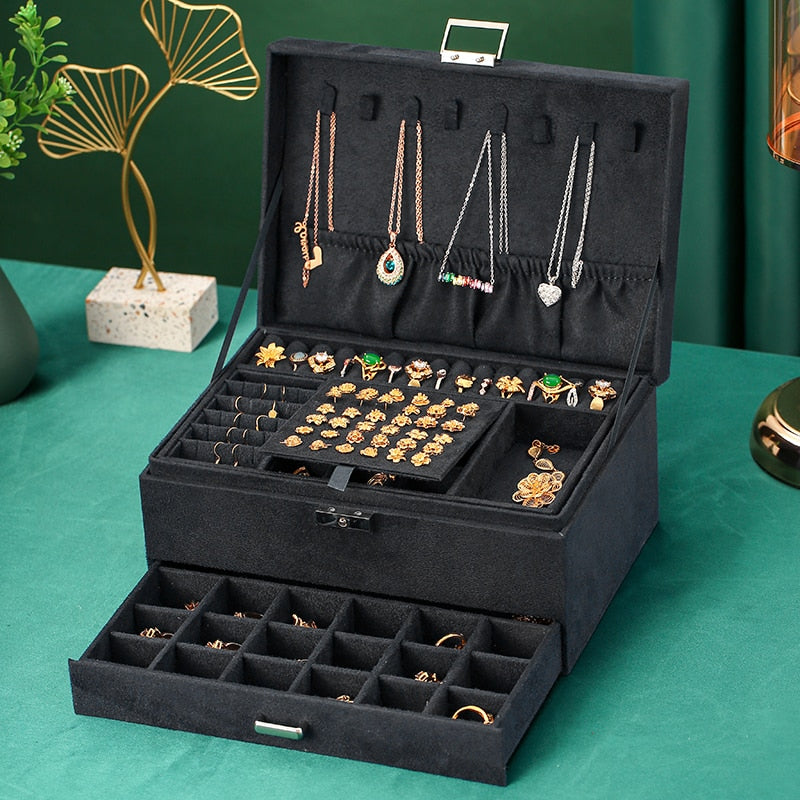 WE Oversized 3-layes Black Flannel Jewelry Box boite a bijou Jewelry Organizer Necklace Earring Ring Storage Box for Women Gifts