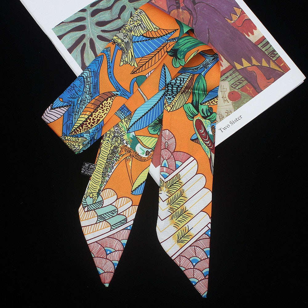 New Fashion All-match Korean Version Mayan Jungle Animals silk scarf Twill Long Strip Small Scarf Tie Bind a bag Ribbon Streamer