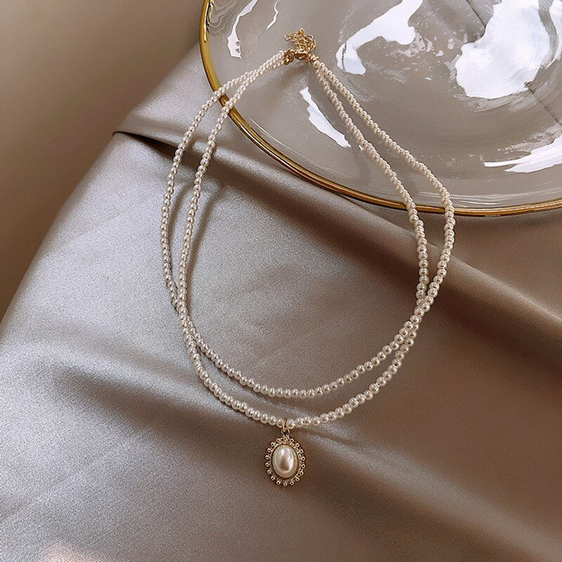 MENGJIQIAO 2020 New Elegant Simulated Pearl 2 Layer Choker Jewelry For Women Girls Party Wedding Chain Necklace Bijoux Colares