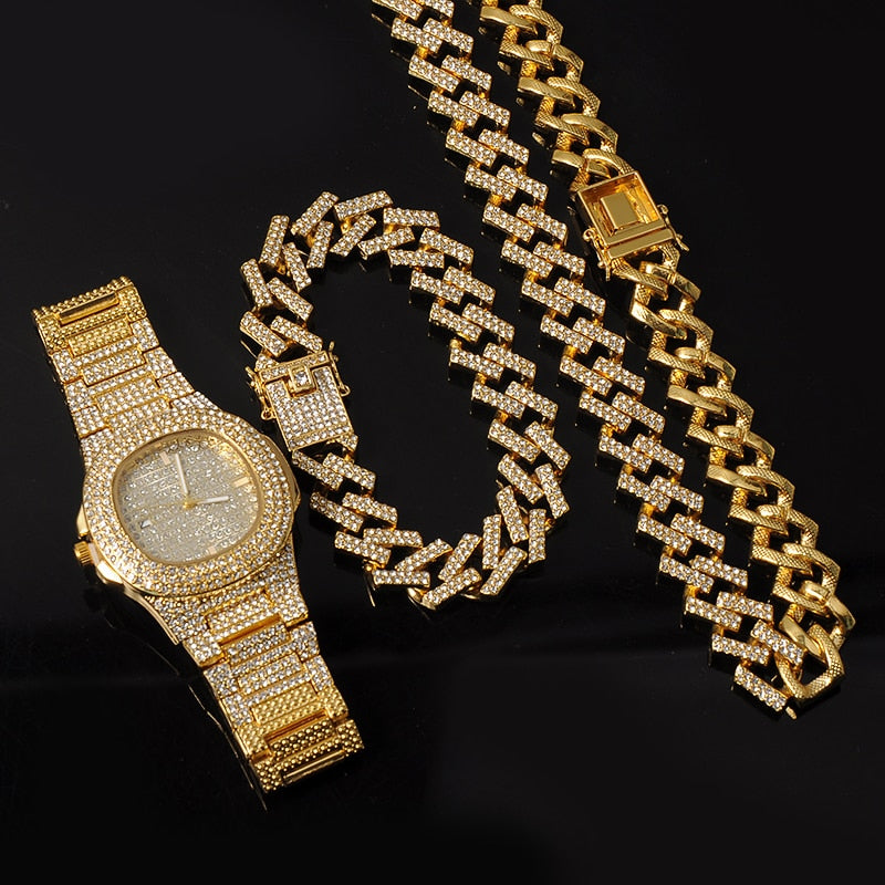 Hip Hop 15MM Necklace +Watch+Bracelet Bling Iced Out Miami Zircon Cuban Pave Rhinestone Men Bracelet Necklace For Men Jewelry