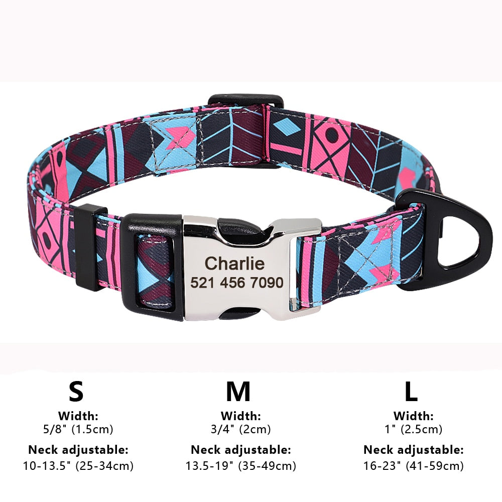 Personalized Dog Collar Nylon Print Dog Collars Customized Puppy Pet Collar Engraved Name ID for Small Medium Large Big Dogs Pug